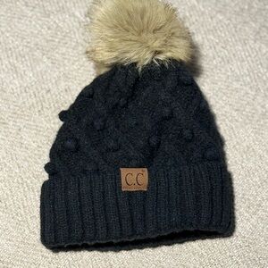 C.C Kids Black Beanie with Tan Pom Pom